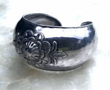 Antique Vintage Solid Sterling Silver 925 Floral Motif Cuff Bracelet