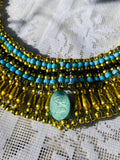 Vintage Turquoise & Gold Tone Blue Painted Scarab Bead Egyptian Collar Necklace