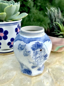 Rare Antique Signed Blue + White Floral Bird Butterfly Motif Porcelain Vase Jar