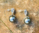 Sterling Silver 925 Rhinestone Faux Black Pearl Dangle Drop Pierced Earrings