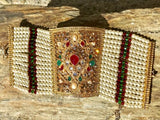 Beautiful Gold Tone Green + Red Rhinestone + Pearl Fashion Cuff Panel Bracelet