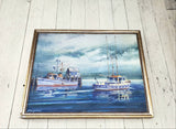 Rare Original Oil Painting signed By Polish Artist Yanush Stanislaw Godlewski Boats Ocean Coastal Scene