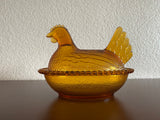 Vintage Amber Glass Art Nesting Hen Chicken Lidded Serving Bowl Candy Dish