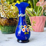 Vintage Cobalt Blue Hand Painted Floral Gold Tone Colorful Blown Glass Art Vase