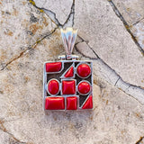 Sterling Silver 925 Red Coral Stone Abstract Geometric Modernist Pendant 4.3g