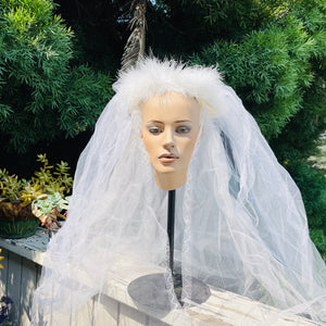 Vintage White Faux Feather Crown Netting Bridal Wedding Chapel Veil Set of 2 Lot