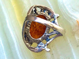 Vintage Ornate Oval Honey Amber Stone Swirl Sterling Silver 925 Ring Size 5.75