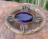 Antique Ornate Gold Tone Purple Gem Stone Brooch Pin