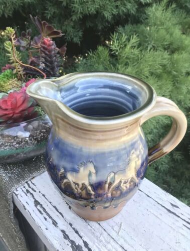 Rare Signed Blue Brown Ceramic Glazed Pottery Pitcher Horses Motif