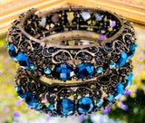 Vintage Filigree Ornate Blue + Pink Rhinestone Stretch Cuff Bracelets Set of 2