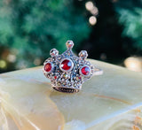 Sterling Silver Signed 925 Marcasite & Red Gem Stone Royal Crown Ring Size 10