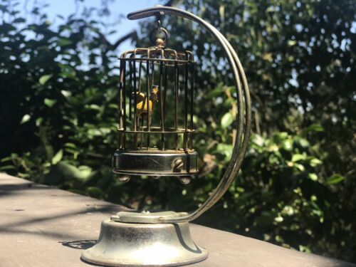Vintage Occupied Japan Bird Cage Lighter Yellow Hanging Bird On Stand Table
