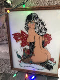 Vargas Style Hand Painted Sexy Woman on Elf Painting Glass w Wood Frame