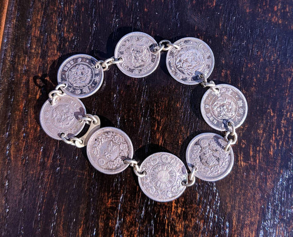 Solid Silver Antique Japanese 5 Sen 10 Sen Coin Bracelet Mid 1800's