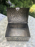 Antique Signed Silver Tone Repousse Embossed Metal Jewelry Box Treasure Chest