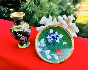Vintage Cloisonne Enamel Floral Green Motif Miniature Vase + Plate Multi Color