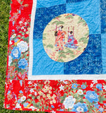 Vintage Asian Handmade Artist Signed CA 2007 Red Blue Quilted Textile Blanket