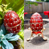 Red Crystal Enameled Faberge Egg Replica Trinket Jewelry Box W Gold Stand