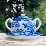 Asian Blue White Floral Signed Ceramic Vintage Handled Sugar Bowl & Plate Set