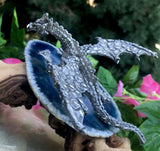 Pewter Dragon w Crystal Ball on Blue Agate