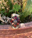 Sterling Silver Signed 925 Marcasite Red Garnet Stone Flower Ring 17g Size 5.5