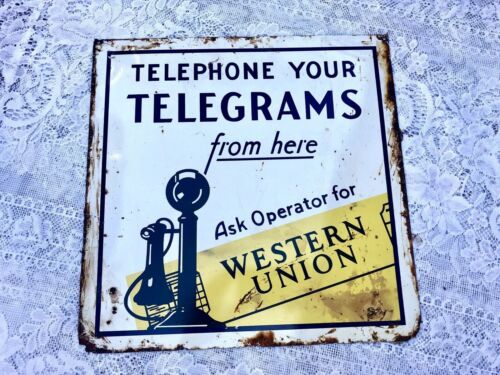 Vintage Western Union Telephone Your Telegrams Ask Operator Metal Sign
