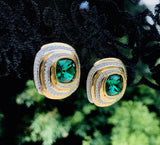 Swarovski Signed Green + White Crystal Gold Tone Swirl Clip On Earrings