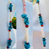 Chunky Turquoise Tone Artisan Shell Bead Red & White Beaded Fashion Necklace