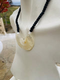 Vintage Hand Carved Mother of Pearl Eagle Bird Black Beaded Necklace
