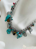 Turquoise Coral Silver Tone Tigers Eye Multi Bead Fashion Charm Toggle Necklace