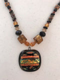 Beautiful Orange Black Gold Blue Foil Glass Art Bead Stone Statement Necklace