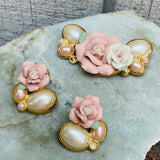 Vintage Porcelain Rose Floral Faux Pearl Gold Clip On Earrings Brooch Pin Set