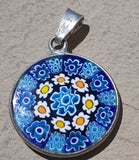 Italian AMV Millefiori Floral Blue Art Glass Pendant Sterling Silver 925