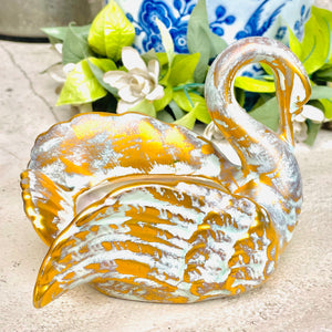 Stangl Pottery Vintage 22K Gold & Blue Teal Tone Swan Bird Planter Dish #5034