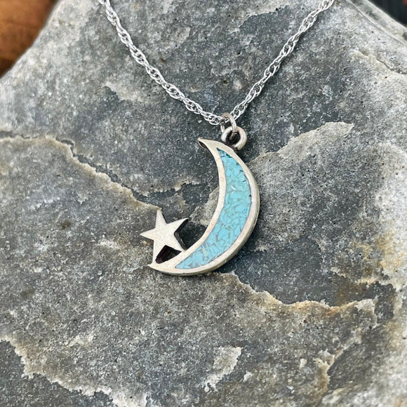 Vintage Sterling Silver 925 Turquoise Stone Crescent Moon Star Necklace 3g
