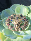 Antique Ornate Floral Motif Woman Gold Tone & Multi Color Rhinestone Pin Brooch