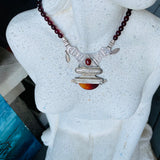 Vintage Sterling Silver Carnelian Stone & Rubellite Bead Tribal Artisan Necklace