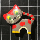 Vintage Gray Red Cat Brooch Pin W/ Moving Head