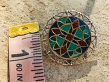 Vintage Sterling Silver 925 Enamel Mosaic Turquoise Red Green Bolo Tie Pendant