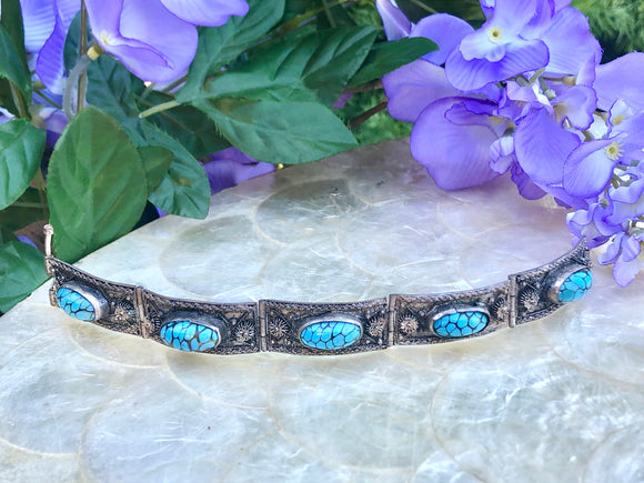 Antique Sterling Silver Filigree Ornate Hinge Panel Blue Stone Bracelet