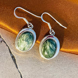 Sterling Silver 925 Green Seraphinite Charoite Gem Stone Round Earrings 6g