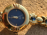 Vintage Designer Nolan Miller Gold Tone Blue Face Cabochon Quartz Ladies Watch