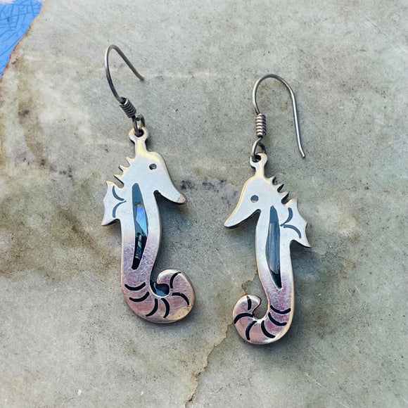 Sterling Silver 925 Taxco TM212 Mexico Abalone Sea Horse Pierced Dangle Earrings