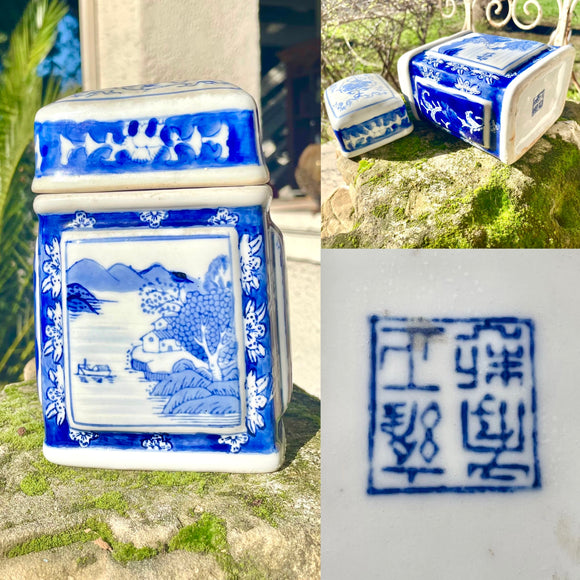 Antique Blue & White Chinese Artist Signed Jar Vase Container With Lid