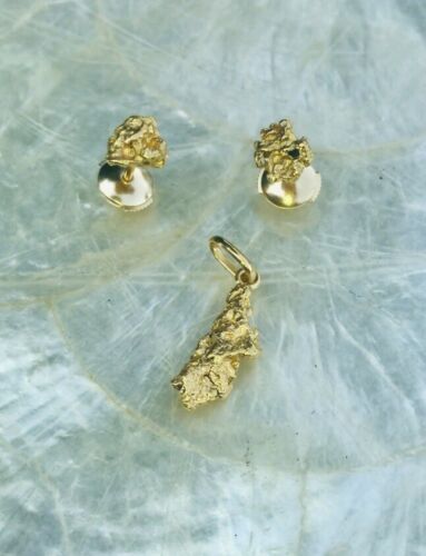 Vintage French Signed 750 Mecan 18K Solid Gold Nugget Earrings & Pendant Set
