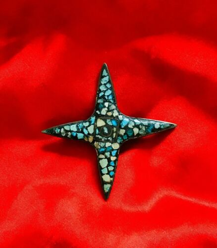Antique Turquoise Mosiac Blue Stone Metal Starfish Star Fish Brooch Pin