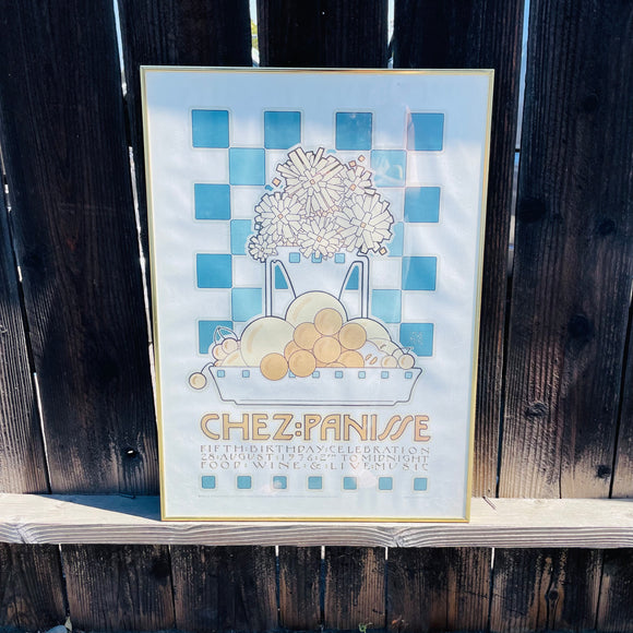 Vintage Chez Panisse Birthday Celebration Fruit Floral Checkered Framed Art
