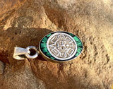 Antique Green Malachite Mexican Aztec Mayan Calendar Sterling Silver 925 Pendant