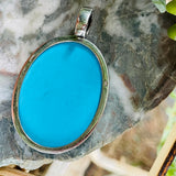 Signed Var Sterling Silver 925 Blue Natural Turquoise Stone Oval Pendant 14.6g