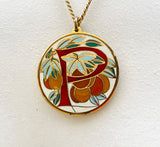 Vintage Cloisonne Enamel Letter P Orange Peaches Gold Tone Pendant Necklace